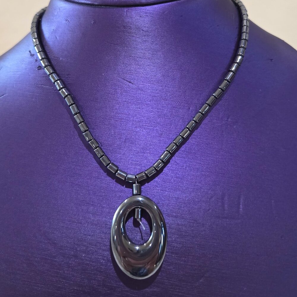 Natural Hematite Gemstone Beaded Oval Pendant Gunmetal Gray Pendant Necklace